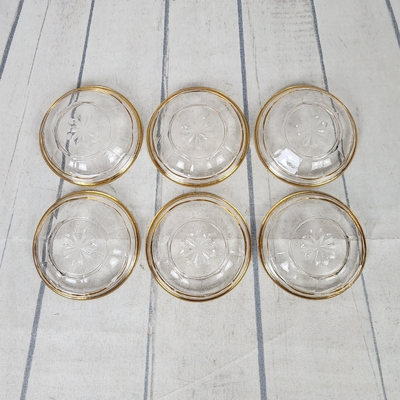 Art Deco Salt Barrel Salt Cellar Pressed Glass Star Motif Gold Rim Set of 6 - Picture 9 of 12
